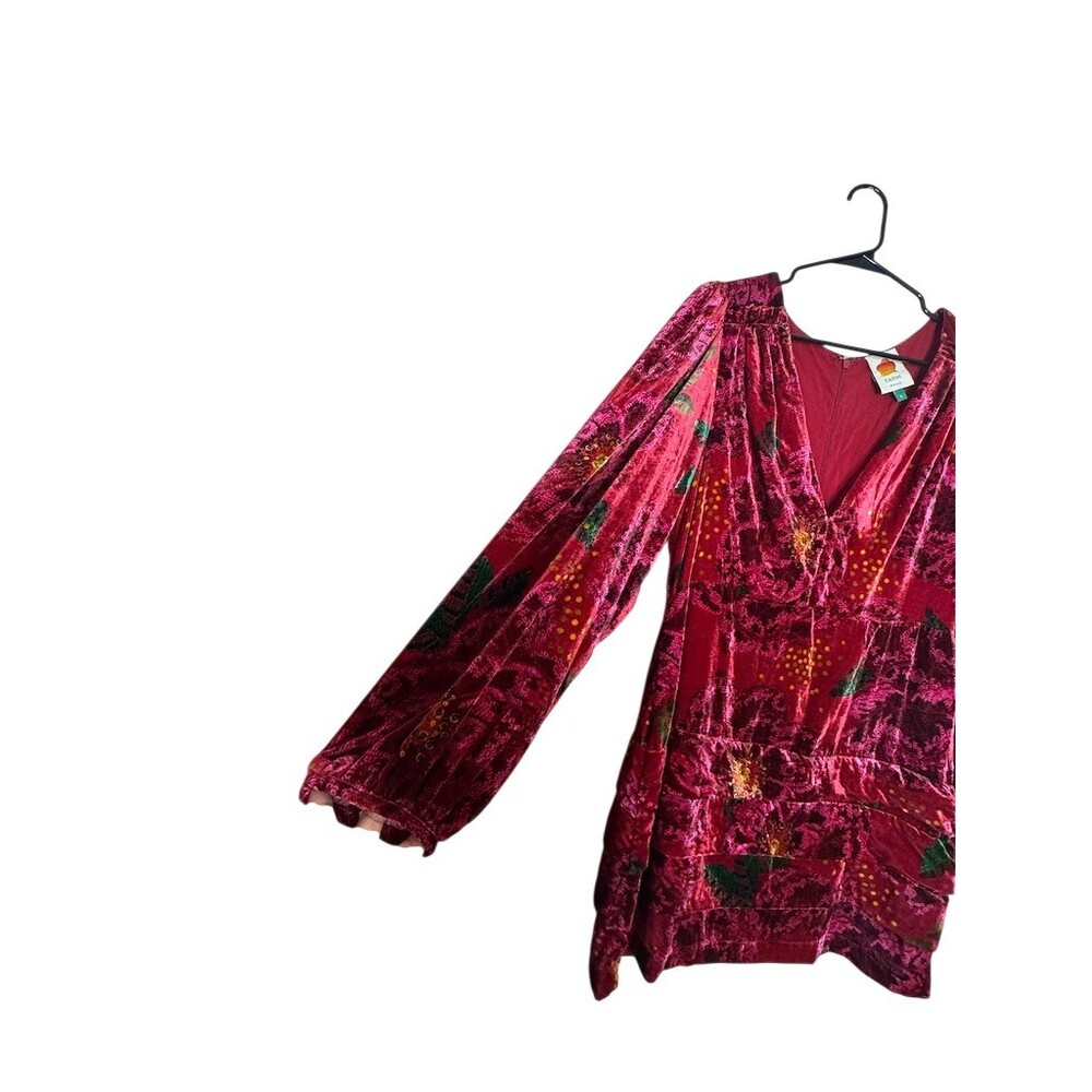 FARM Rio Mini Dress Womens Size L Red Pink Floral Velvet Long Sleeve - Picture 6 of 16
